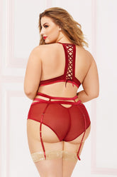 Three Piece Bra Set. Mesh High Neck Bra With Applique Detail, Garter Belt, And Panty - STM10881X by Seven Til Midnight