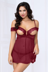 Two Piece Babydoll Set. Lace And Mesh Babydoll With Open Cups, Lace Off The Shoulder Detail, And Cheeky Panty - STM10972 by Seven Til Midnight