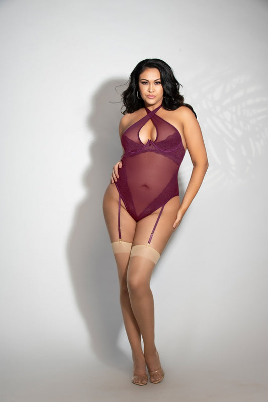 Lace & Mesh Teddy With Removable Shoulder Straps And Thong Back - STM11295X by Seven Til Midnight