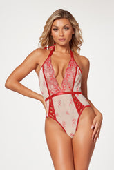 Mesh and floral embroidery halter neck teddy - STM11486P by Seven Til Midnight