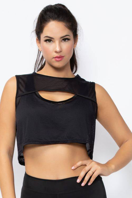 Athletic Mesh Cropped Tank With Front Cutout And Open Back Criss-Cross Detail - STM30151 by Seven Til Midnight