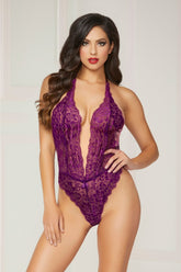 Gold Lurex Floral Lace Teddy With Plunging V-Neckline, Satin Bow, Halter Satin Ribbon Ties, Open Back And Snap Crotch - STM9945P by Seven Til Midnight