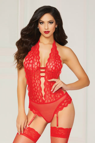 Feather Galloon Lace And Mesh Teddy - STM10745P by Seven Til Midnight