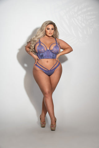 Stretch Satin And Lace Long Line Bra With Open Lace Cups And Strappy Elastic Thong - STM11201X by Seven Til Midnight