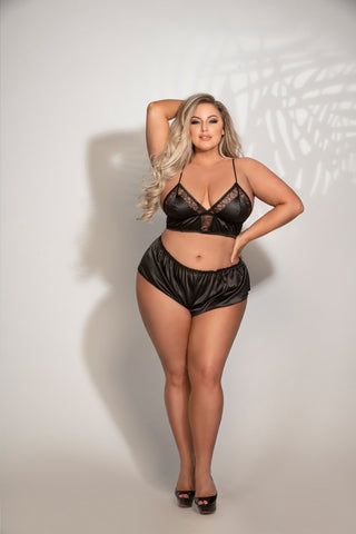 Two Piece Satin And Lace Long Line Bralette And Tap Short Set - STM11244X by Seven Til Midnight