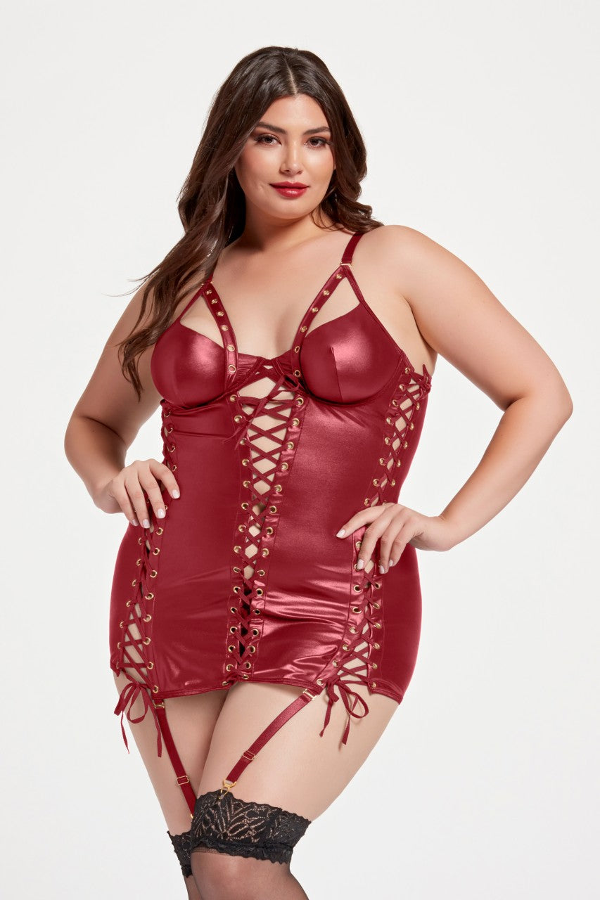 Vegan leather balconette bra chemise and panty set - STM11492X by Seven Til Midnight